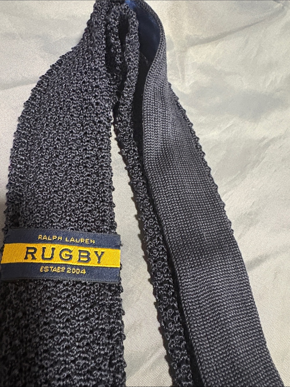 Rugby Ralph Lauren Navy Blue Textured Knit Tie with Yellow Logo Tab